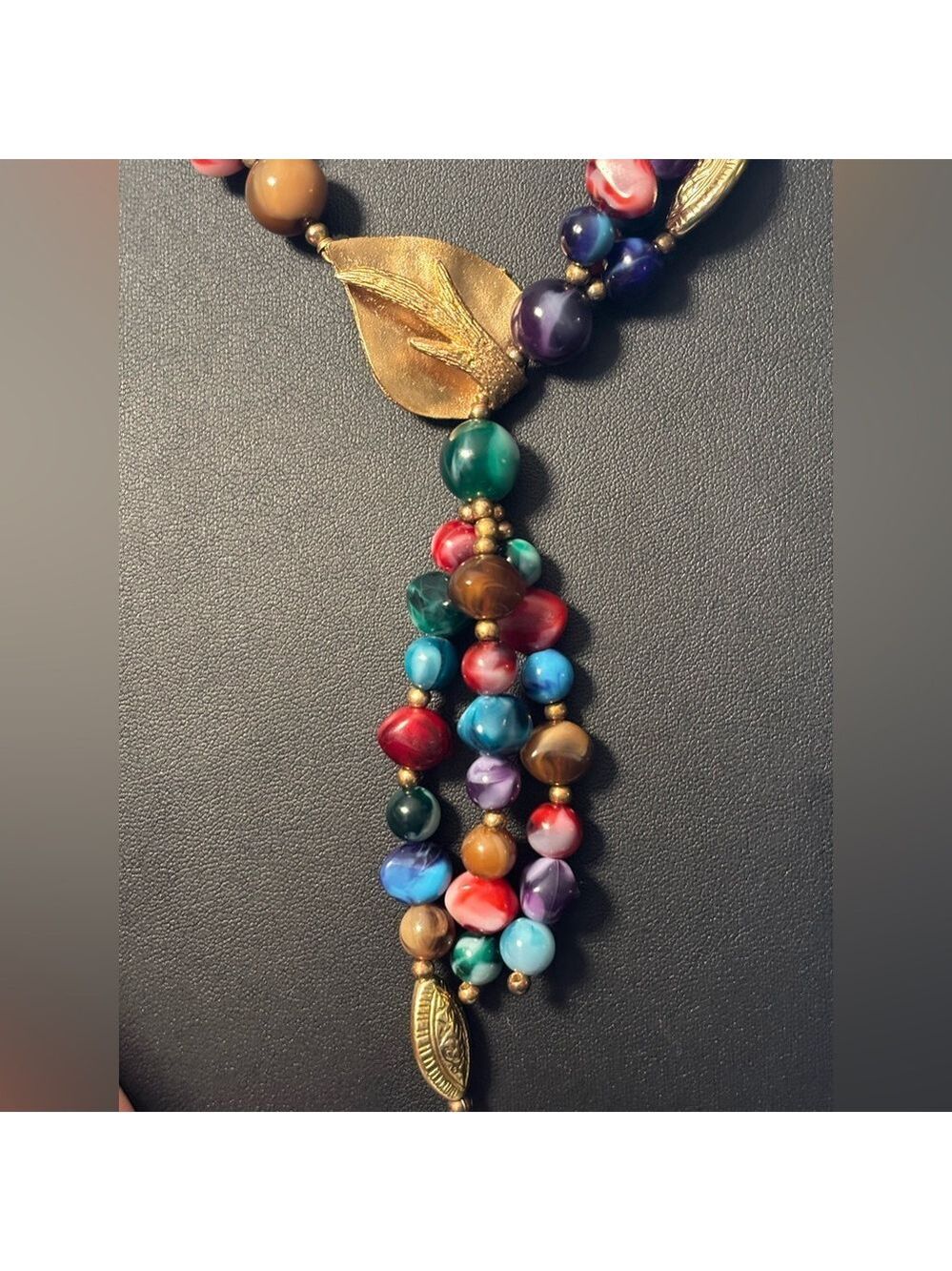 VINTAGE Genuine Lucite Statement Necklace • Gold Leaf Drop • Colorful Boho Luxe - Picture 11 of 16